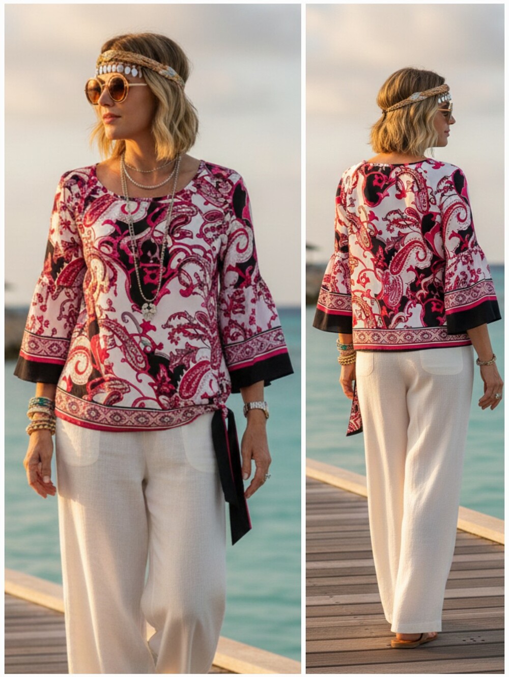 Joseph Ribkoff 6 Barbiecore Whimsigoth Boho Paisley Vacation Bell Sleeve Blouse